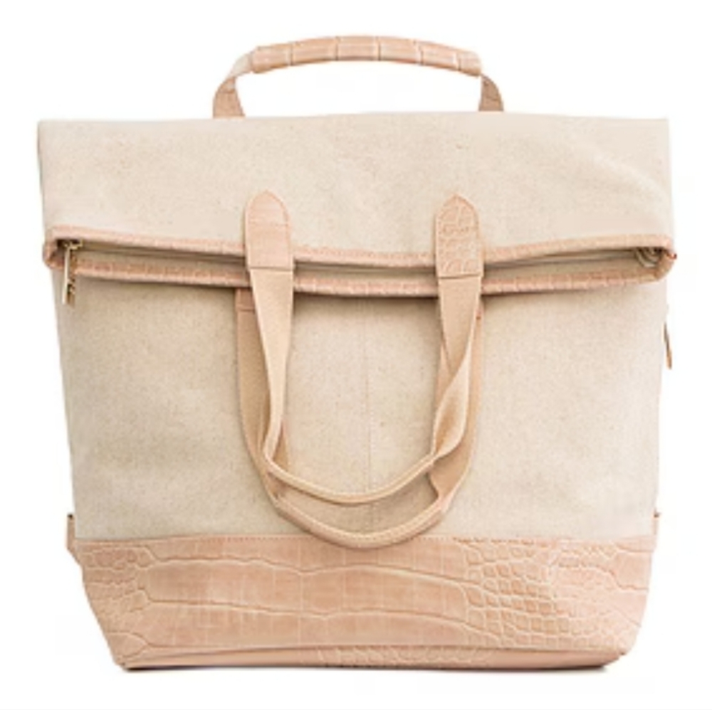 Beis Everyday Convertible Backpack in Beige Canvas & Vegan Croc-Embossed Leather